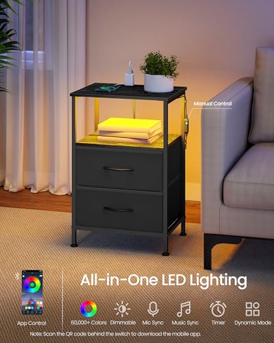SONGMICS BELLAH Collection - Nightstand with Charging Station and App-Controlled Adjustable LED Lights, Bed Side Table, 2 Drawers and 1 Open Shelf, Modern, Ink Black and Ebony Black ULGS302BH01S - color: Ink Black + Ebony Black, size: 2 Drawers