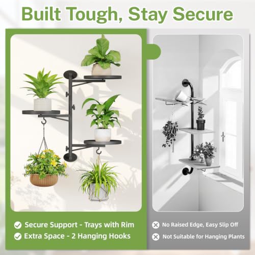 iDavosic.ly Rotating Window Plant Shelves Set of 2, 3-Tier Metal Wall Stand with Hooks, Flower Display Holder Rack for Living Room, Space Saving, Modern Black (Pots/Chains/Plants Not Included) - color: Deep Black, size: 2 Pack