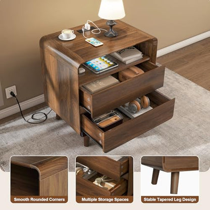 Nasonet Mid Century Modern Nightstand with Charging Station, Wood Bedroom End Tables Nightstands with Drawers, Curved Bedside Table for Living Room, Bedroom, Walnut - color: Walnut, size: 2 Drawers