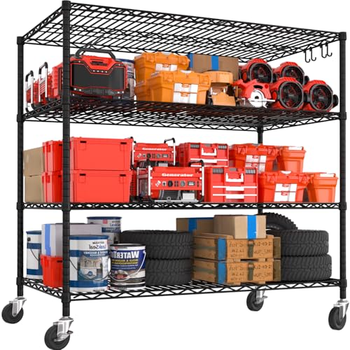 PrimeZone 55.5" W x 24" D x 80" H Heavy Duty Wire Storage Shelves with Wheels, 4 Tier Adjustable NSF Commercial Garage Shelving Unit, Rolling Metal Organizer Shelf Rack for Warehouse, Pantry, Black - size: 55.5"W x 24"D x 80"H
