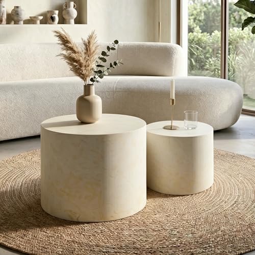 Nesting Coffee Table Set of 2, Modern Round Wooden Coffee Tables, Accent End Side Table for Small Space Living Room,Beige - color: Beige