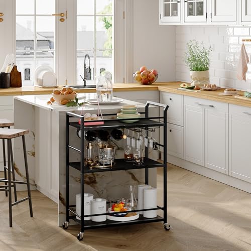 3 Tier Bar Cart, Small Beverage Cart, Mini Bar Cart with Wine Rack, Home Bar Serving Cart with Wheels for Kitchen Dining Living Room (Black, General) GBC507B - color: Black, size: General