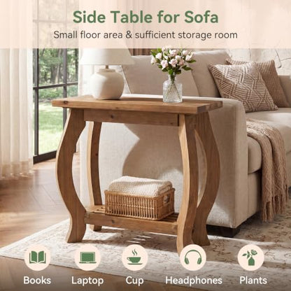 Narrow Side Table, 2-Tier Solid Wood End Table with Storage Shelf, Curved Legs Farmhouse Nightstand for Small Spaces, Bedroom, Living Room,(2,Brown)