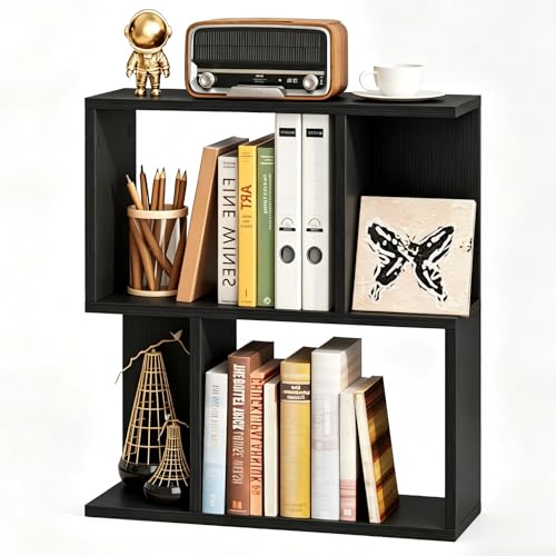 22’’ H Geometric Bookshelf, 2-Tier S-Shaped Floor Bookcase, Freestanding Open Display Book Shelf for Small Spaces, Low Side Table for Living Room & Bedroom (1, Black) - color: Black