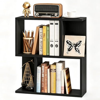 22’’ H Geometric Bookshelf, 2-Tier S-Shaped Floor Bookcase, Freestanding Open Display Book Shelf for Small Spaces, Low Side Table for Living Room & Bedroom (1, Black) - color: Black