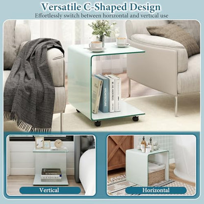 Tangkula Tempered Glass Side Table, Modern C-Shaped Bedside Table Nightstand with Storage Shelf, 4 Lockable Universal Wheels, Rolling Sofa End Table for Living Room Bedroom Office (1, White) - color: White