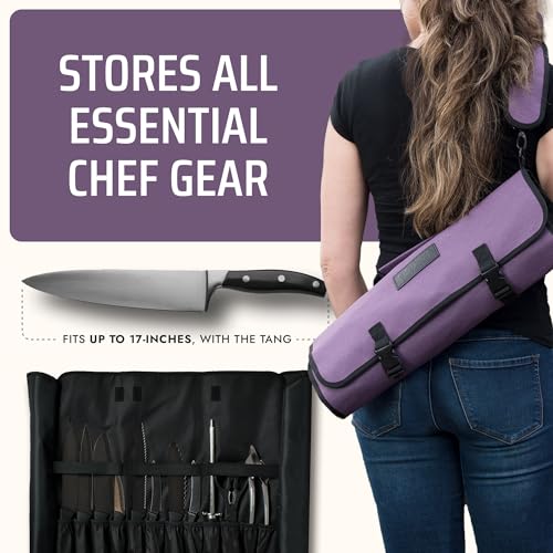 Asaya Waxed Nylon Chef Knife Roll Bag with 20 Slots and Zippered Pockets - Professional Chef Knife Bag & Storage Case, Tool Carrier with Shoulder Strap - Knives Not Included (Purple) - color: purple