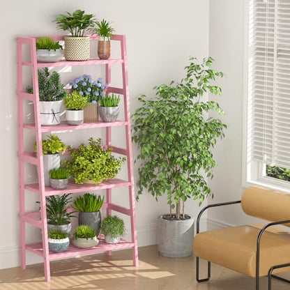 Homykic Bamboo Ladder Bookshelf, 4-Tier Ladder Shelf Open Book Shelf Freestanding Bookcase Bathroom Storage Rack Plant Stand for Living Room, Bedroom, Office, Easy Assembly, Pink - color: Pink