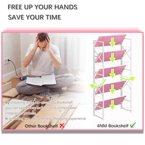 4NM 5 Tiers No Assembly Book Shelves, 51.2" H Folding Bookshelf Bookcase Open Industrial Foldable Shelves for Bedroom, Living Room, Home Office - Pink White - color: Pink White, size: XX 5-Tier
