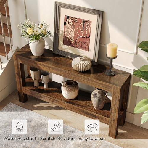 LITTLE TREE 63-Inch Wood Entryway Table, Long Farmhouse Narrow Console Table for Living Room, Hallway, Sofa, Entry, Entrance, Foyer, Behind Couch with 2-Tier Shelves, Brown - color: Red Brown