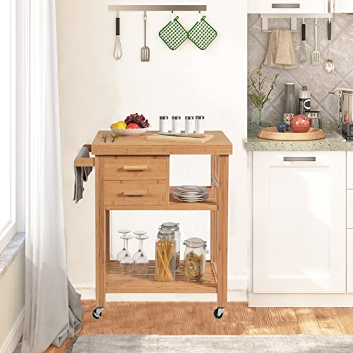 Bamboo Kitchen Island on Wheels, Lockable Rolling Kitchen Cart with 2 Storage Drawers & Open Shelf, Wood Utility Butcher Block Island with Towel Rack