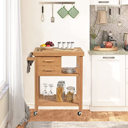 Bamboo Kitchen Island on Wheels, Lockable Rolling Kitchen Cart with 2 Storage Drawers & Open Shelf, Wood Utility Butcher Block Island with Towel Rack