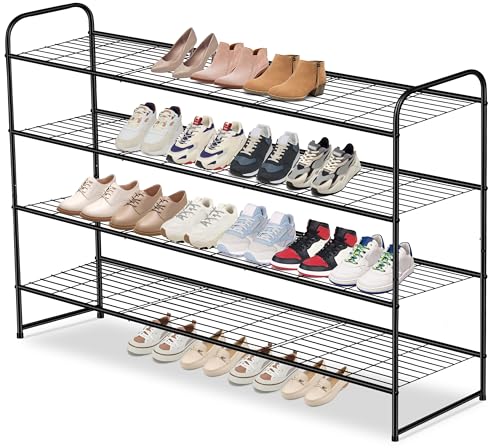 AOODA 4 Tier Long Metal Shoe Rack for Closet Wide Stackable Shoe Storage Organizer for Entryway, Bedroom, Floor, Holds 30 Pairs Men Sneakers Large Boot Shelf with Wire Grid, Black - color: Black, size: 11.4 x 42.7 x 32.4