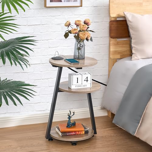 BEWISHOME Round End Table with Charging Station, Side Accent Table with 3-Tier Shelves, Small Couch Table for Living Room Greige KTZ51G - color: Beige, size: with PowerOutlet