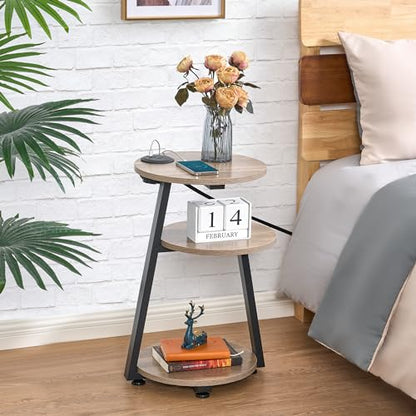 BEWISHOME Round End Table with Charging Station, Side Accent Table with 3-Tier Shelves, Small Couch Table for Living Room Greige KTZ51G - color: Beige, size: with PowerOutlet
