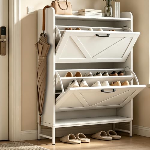 Shoe Cabinet with 2 Flip,Shoe Cabinet Storage,Shoe Organizer Cabinet,White | Hidden Wood Shoe Cabinet,reestanding Shoe Rack Cabinet for Entryway Hallway - color: White