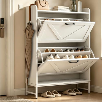 Shoe Cabinet with 2 Flip,Shoe Cabinet Storage,Shoe Organizer Cabinet,White | Hidden Wood Shoe Cabinet,reestanding Shoe Rack Cabinet for Entryway Hallway - color: White