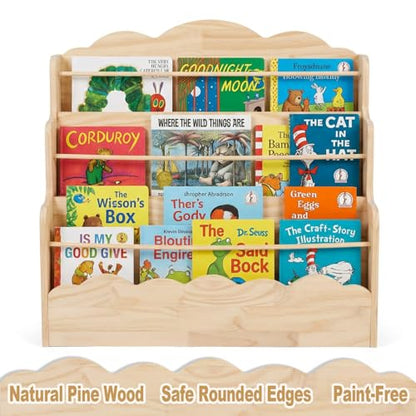 Amdermi 3-Tier Scalloped Montessori Bookshelf for Kids, Solid Wood Front-Facing Toddler Bookcase, Low Children’s Book Display Shelf for Nursery, Playroom, Classroom, Natura