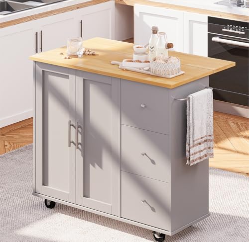 SUNLEI Kitchen Island on Wheels with Storage Cabinet & Foldable Drop Leaf, Rolling Kitchen Table, Cart Handle for Towel Rack, Drop Leaf, Portable Islands for Kitchen (Cement Gray, 39.7-INCH) - size: 39.7 INCH, style: Grey