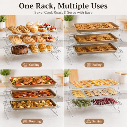 Cooling Rack 16"x10", 3-Tier Stackable & Collapsible Cooling Racks | Cooling Racks for Cooking and Baking, Roasting, Grilling, Oven & Dishwasher Safe (Silver, 3-Tier) - color: Silver, size: 3-Tier