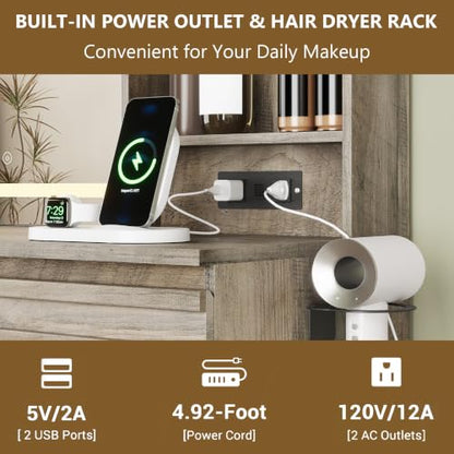 Makeup Vanity Desk with Lights, Fluted Vanity with 4 Drawers, Open Shelves, Power Outlet, LED Lighted Mirror, 3 Lighting Modes & Brightness Adjustable, Wood Dressing Table for Bedroom,Wood Grey - color: Wood Grey