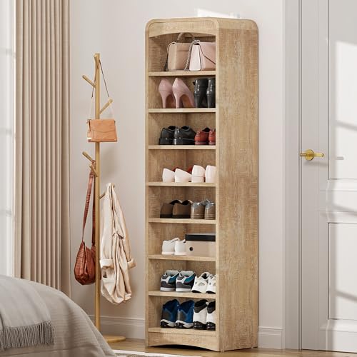 Tall Shoe Cabinet 8-Tier with Adjustable Shelves, Natural | Freestanding Shoes Organizer Cabinet for Entryway, Hallway, Living Room - color: Natural