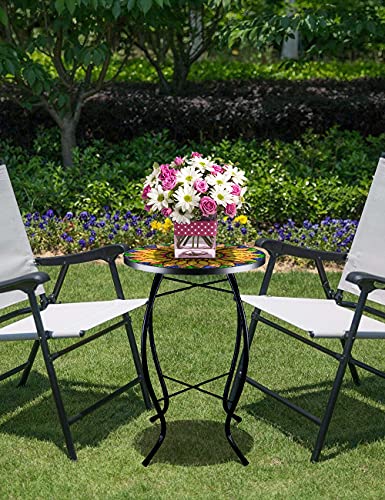VCUTEKA Sunflower Outdoor Side Table, Mosaic Design, Small Glass Top, Round, Patio Side Table, Balcony Coffee Table, Indoor, 14 inches, Yellow - color: Yellow