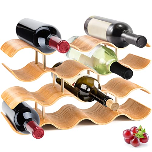 NutriChef Bamboo Wine Rack - 4 Tier Countertop Shelf with Slots that Holds 14 Bottles, Unique Stackable Wooden Holder, Save Space for Cabinet, Kitchen and Pantry, Modern Contemporary Wave Design - size: Desktop