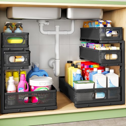 Kitstorack Under Sink Organizer, 2-Pack 3-Tier Height Adjustable Thickened Metal Pull out Cabinet Organizer Shelf, Slide out Storage Drawer Rack for Bathroom Kitchen Pantry Home Laundry Organization - color: Black, size: 2 Pack