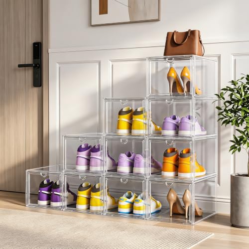XL Shoe Boxes Clear Plastic Stackable, Extra Large Acylic Display Case, 5 Pack Drop Front Shoe Box with Magnetic Lid,Fit up to Size 15(5 PACK ACYLIC) - color: 5 PACK ACYLIC