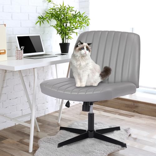 OLIXIS Criss Cross Chair, Vanity Chair, Home Office Desk | Armless No Wheels Wide Seat, Height Adjustable Swivel, Faux Leather, Bedroom Student Study, Grey Dual Base - color: Grey Dual Base