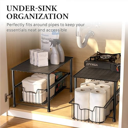 Simple Houseware Stackable Under Sink Cabinet Sliding Basket Organizer Drawer, Black - color: Black