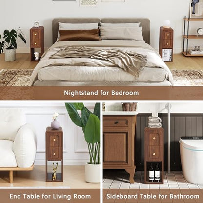 Narrow Nightstand with 2 Drawers, Small Bedside Tables, Mid-Century Modern Slim Night Stand with Storage, Wooden End Table for Small Spaces, Bedroom, Living Room (Walnut-1PCS) - color: 2drawers-walnut-1pcs