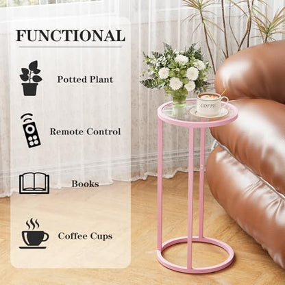 C Table Side End Table,Glass Couch Table Set of 2, Round Sofa End Table with Metal Frame, Small Snack Table for Living Room, Bedroom, Small Spaces, Easy Assembly (Pink,2pcs) - color: Pink