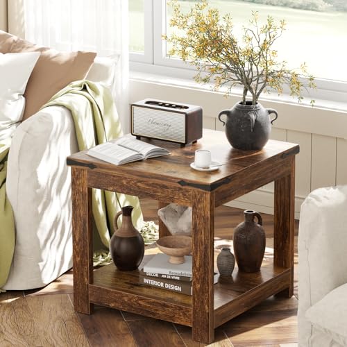 Homieasy End Table, 20x20 Inch Square Side Table for Living Room, Large Wood Accent Table with Storage Shelf, Modern Farmhouse Nightstand Bedside Table, Rustic Brown - color: Rustic Brown