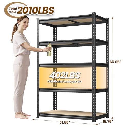 DurayLoly 5-Tier Storage Shelves, 2010LBS Adjustable Pantry Shelves, Metal Shelving Unit for Kitchen, Pantry, Closet, Laundry, Garage, 15.75" D × 31.55" W × 63.05" H - size: 63.05"H × 31.55"W × 15.75"D