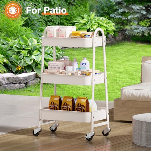 NEWBULIG 3-Tier Metal Rolling Cart with Lockable Wheels, Heavy Duty Mobile Utility Storage Shelf, Roller Book Snack Cart, Organization for Livingroom, Bathroom, Office, White | Mobile Organizer Shelf, Space-Saving, Freestanding, Bathroom, Living Room, Sli