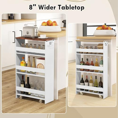 LOKO 4-Tier Rolling Storage Cart, 8 Inches Slim Kitchen Cart on Wheels with Open Shelves & Handle, Laundry Room Cart Between Washer and Dryer, for Bathroom Next to Fridge (White & Rustic Brown) - color: White & Rustic Brown