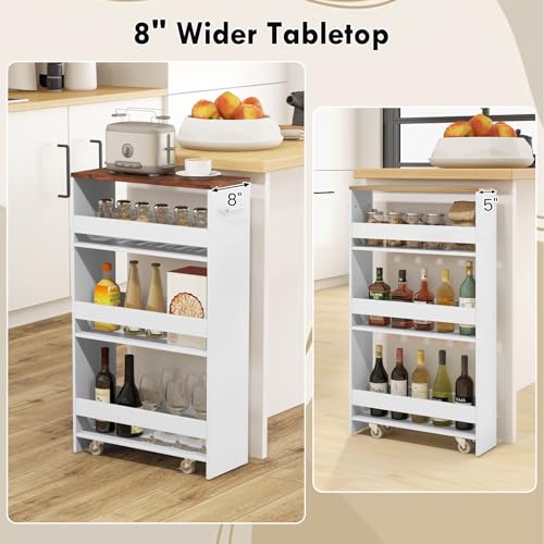 LOKO 4-Tier Rolling Storage Cart, 8 Inches Slim Kitchen Cart on Wheels with Open Shelves & Handle, Laundry Room Cart Between Washer and Dryer, for Bathroom Next to Fridge (White & Rustic Brown) - color: White & Rustic Brown