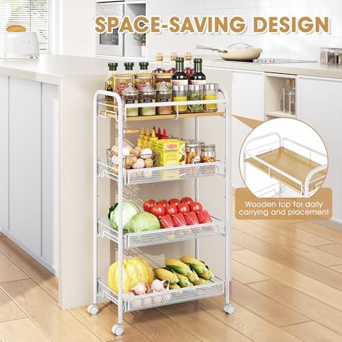 TOOLF 4-Tier Rolling Cart, Metal Utility Cart, Slide Out Storage Cart with Wooden Tabletop and Mesh Baskets, Easy Assemble Trolley for Kitchen Bathroom Laundry Room Bedroom Apartments Dormitory - size: Wide, style: White