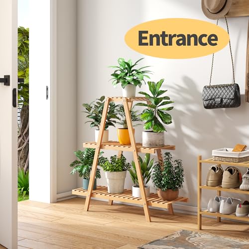 Bamboo Plant Stand - Indoor/Outdoor 3 Tier Plant Ladder, 8 Potted Flower Holder, Natural - color: Natural