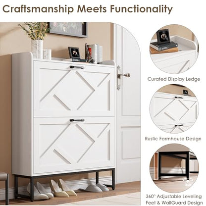 Nicetree Shoe Storage Cabinet with 2 Flip Drawers, Freestanding Shoe Organizer, Shoe Cabinet with Metal Legs, Narrow Shoe Rack Cabinet, Farmhouse Slim Shoe Cabinet for Entryway, Foyer, Hallway, White - color: White