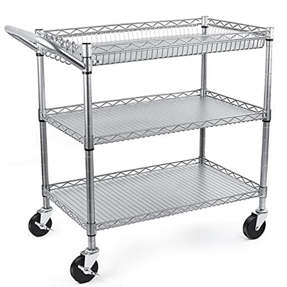 WDT Heavy Duty 3 Tier Utility Cart,Wire Rolling Carts with Wheels, Commercial Grade Service Cart with Shelving Liners and Handle Bar Metal Carts for Kitchen Office Hardware - color: 990lbs Capacity Silver