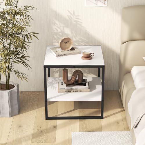 Giantex 20 Inch End Table, Modern Square Side Table with Storage Shelf, Small Coffee Table for Living Room, Wood Bedside Table, 2-Tier Nightstand for Bedroom, Easy Assembly, White (1)
