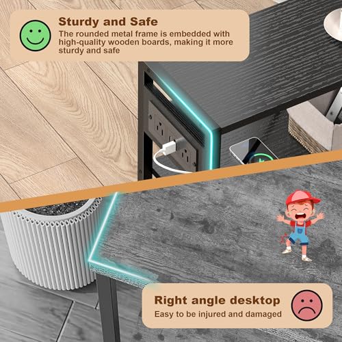Small Narrow Side Table with Charging Station, Skinny End Table for Small Spaces, Slim Nightstand with Outlets, Sofa Bedside Table in Living Room, Bedroom, Study, Kitchen and Balcony(Black) - color: Black