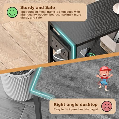 Small Narrow Side Table with Charging Station, Skinny End Table for Small Spaces, Slim Nightstand with Outlets, Sofa Bedside Table in Living Room, Bedroom, Study, Kitchen and Balcony(Black) - color: Black