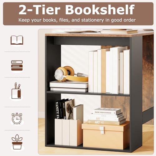 Giantex Small Desk with Bookshelf, 44 Inch Modern Computer Desk for Small Spaces, Laptop PC Desk, Vanity Table for Bedroom, Study Writing Desk for Home Office (Black+Rustic Brown) - color: Black+rustic Brown