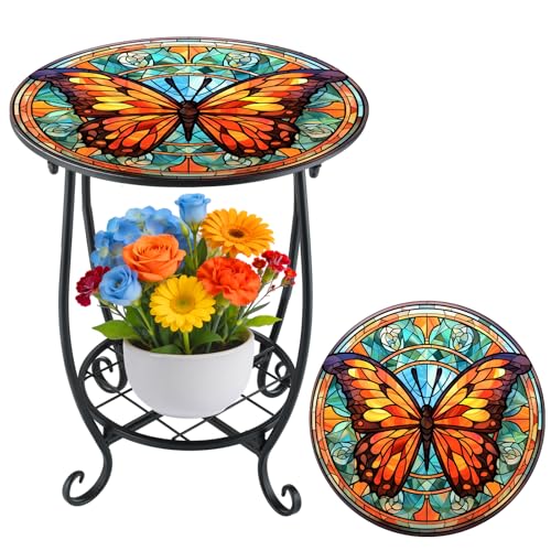 Cinnvoice Outdoor Side Table Round Small Mosaic Patio Accent Indoor End Plant Coffee Tea Table for Yard Patio Porch Garden Living Room, Bedroom(Butterfly B Style,12 Inch) - size: 12 Inch, style: Butterfly B Style