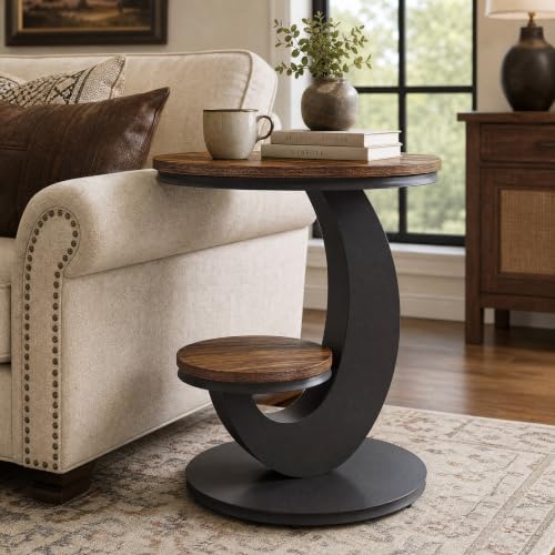 Tribesigns Round End Table with 2-Tier Shelf Storage,C Shaped Wood Side Table for Couch with Metal Frame,Modern Nightstand Accent Table for Living Room,Bedroom,Small Space (Brown) - color: Brown