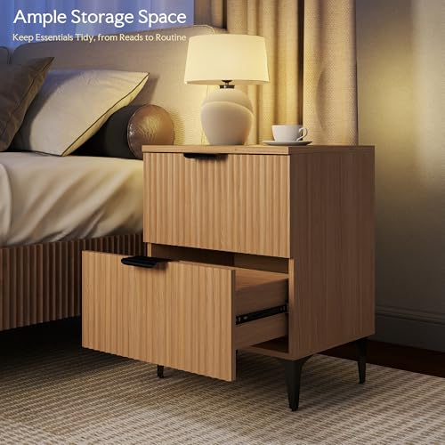 SUNWAVE Fluted Nightstand Set of 2, Modern Night Stands with 2 Drawers | Bedside Table for Twin/Full/Queen Bed, End Table with Robot-friendly Metal Legs for Bedroom, Living Room - color: 2 Drawers-2pcs-oak